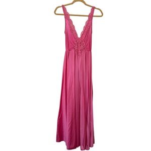 Olga Vintage Pink Lace Trim Full Length Nightgown 92270 Sleepwear Womens Large